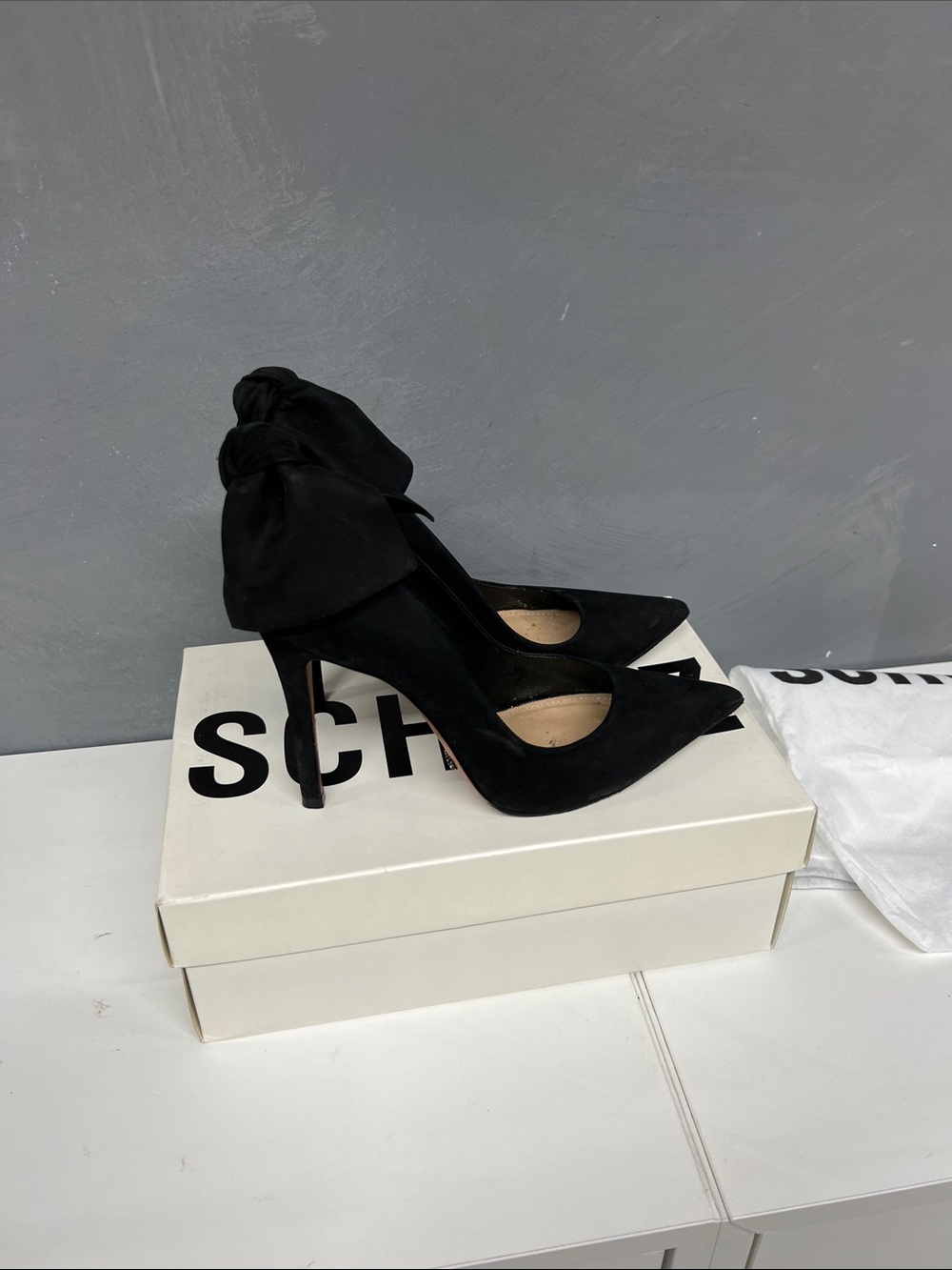 SCHUTZ Black Suede Pointed Toe Stiletto Heels with Ankle Bow